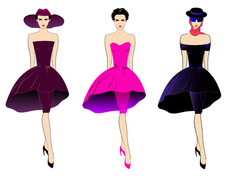 Vector illustration of three girls in different colored dresses.のイラスト素材