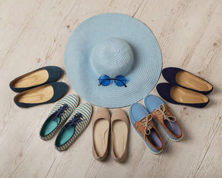 Denim fashion set - clothes, shoes and accessories. Selective focus.の写真素材