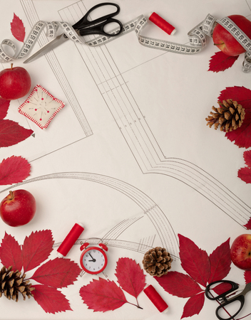 All for sewing - fabric, patterns and sewing accessories. Fashionable autumn colors. Trend of the...