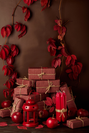 Autumn monochrome still-life in red and burgundy shades. Selective focus.の写真素材