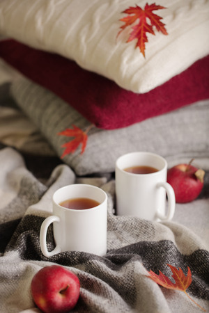 Home comfort and warmth in the autumn time. Gray plaid, knitted pillows, tea and autumn red maple leaves. Selective focus.の写真素材