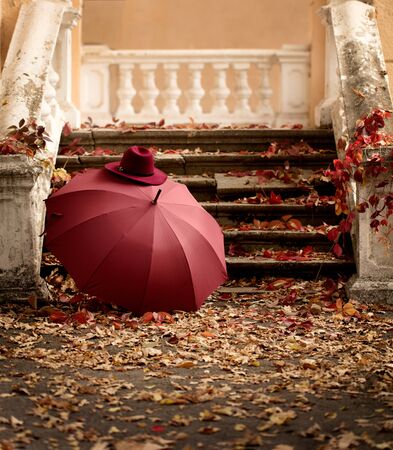 Autumn leaf fall. Red and yellow leaves on the destroyed old stone steps burgundy (marsala color) umbrella and hat. Blur effect.の写真素材