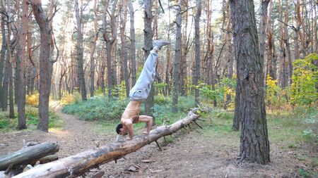 Strong man doing handstand on log in forest. Hardy and muscular guy doing stunts during training....