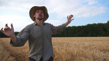 Annoyed farmer running to camera through the wheat field and trying to catch somebody. Angry agronomist jogging among cereal meadow and falling down during tries to kick out someone from plantationの写真素材