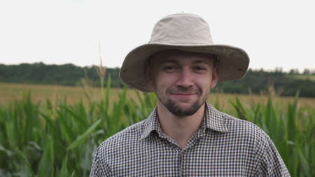 Portrait of tired male farmer yawning against the blurred background of corn field. Exhausted sleepy...