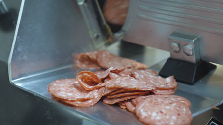 Chef chopping sausage on electric food slicer at kitchen. Male cook using cutting machine for salami at cuisine restaurant. Process to prepare ingredients for cooking pizza. Close up Slow motionの写真素材