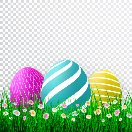 Vector Easter eggs with grass and flowers isolated on a transparent background.のイラスト素材