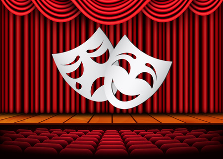 Happy and sad theater masks, Theatrical scene with red curtains. Stock vector illustration.のイラスト素材