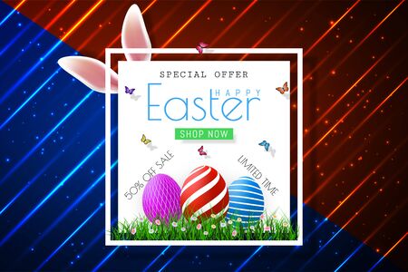 Happy Easter sale banners with realistic Easter rabbir`s ears, vector.のイラスト素材