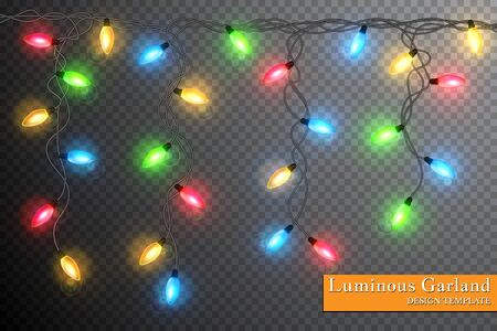 Color garland, festive decorations. Glowing christmas lights isolated on transparent background. のイラスト素材