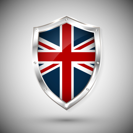 Great Britain flag on metal shiny shield vector illustration. Collection of flags on shield against white background. Abstract isolated object.のイラスト素材