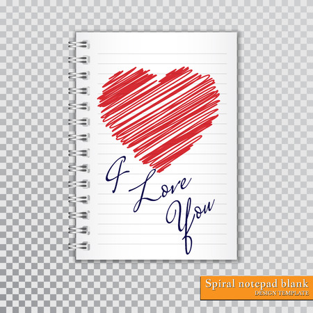 I love you, Valentine day, Valentine`s card, Scribble heart, Red drawings heart, spiral notepad blank, vector illustration.のイラスト素材