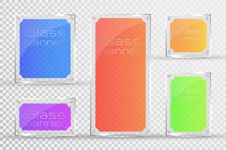 Glass plates are installed. Vector glass banners on a transparent background. Glass. Glass paintings. Color frames.のイラスト素材