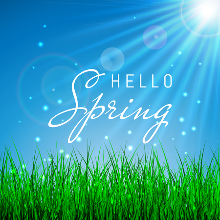 Hello Spring Poster With green grass and blue sky, Vector Illustration.のイラスト素材