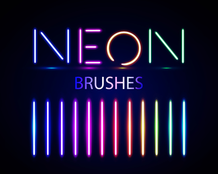 Neon brushes set. Set of colorful light objects on dark backgroun.のイラスト素材