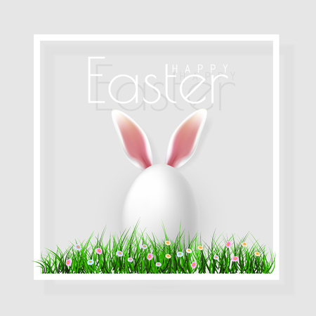 Happy Easter. Vector Easter eggs with grass, butterfly and flowers in frame, isolated on a gray background.のイラスト素材
