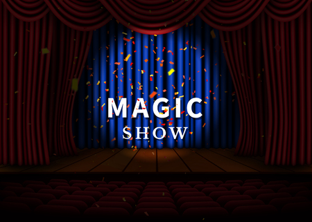 A theater stage with a red curtain and a spotlight and wooden floor. Magic Show poster. Vector.のイラスト素材
