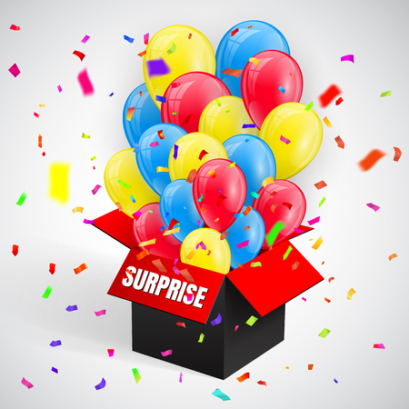 Surprise Poster with confetti and Balloons flying from open red box. Vector illustration.のイラスト素材