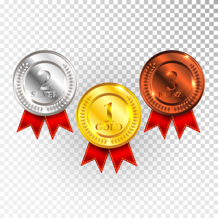 Champion Gold, Silver and Bronze Medal with Red Ribbon Iconのイラスト素材
