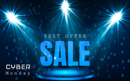 Cyber Monday Sale vector banner template. Blue shining binary code background with arrows and sample textのイラスト素材