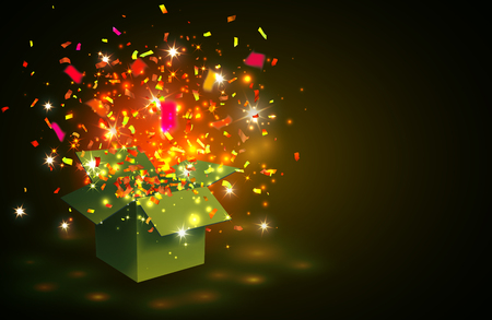 Open yellow Gift Box and  color Confetti on yellow background. Vector Illustration.のイラスト素材