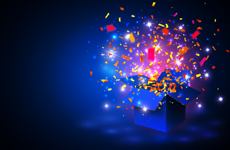Open blue Gift Box and Confetti on blue background. Vector Illustration.のイラスト素材