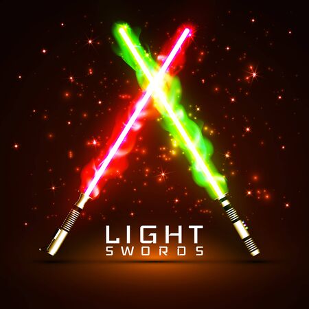 neon light swords. crossed light, fire, flash and sparkles.のイラスト素材