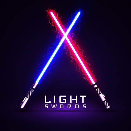neon light swords. crossed light, flash and sparkles. Vector illustration isolated on transparent background.のイラスト素材