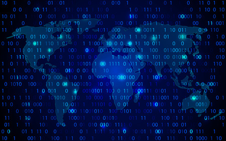 World Map Technology With Decryption and Encryption Binary Number Code Vector Background. Blue Abstract Hi Tech Digital Planet Location Concept Pattern Design.のイラスト素材