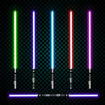 realistic light swords. crossed light sabers, flash and sparkles. Vector illustration isolated on transparent background.のイラスト素材