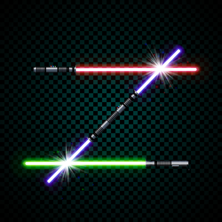 Neon light swords. crossed light sabers, flash and sparkles. Vector illustration isolated on transparent background.のイラスト素材