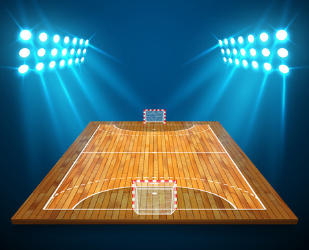 An illustration of hardwood perspective handball field, cort with bright stadium lights design. Vector EPS 10. Room for copy.のイラスト素材
