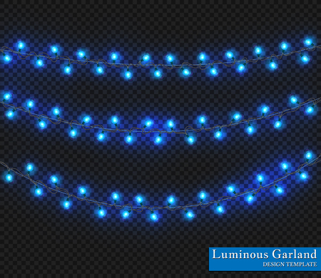 Blue Color garland, festive decorations. Glowing christmas lights isolated on transparent background.のイラスト素材