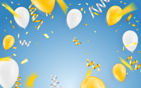 Happy birthday vector Celebration party banner Golden foil confetti and white and glitter gold balloons.のイラスト素材