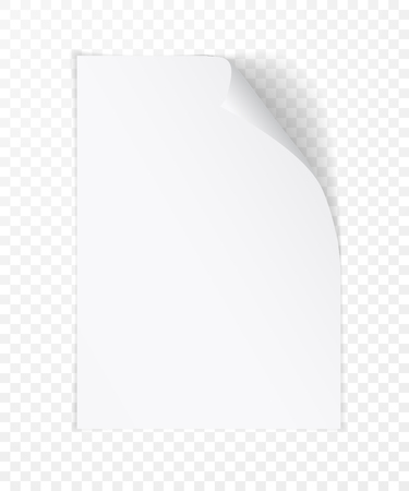 Vector white realistic paper page with curled corner. Paper sheet folded with soft shadows on light transparent background. A4 page mock up. 3d illustration. Template for your design.のイラスト素材