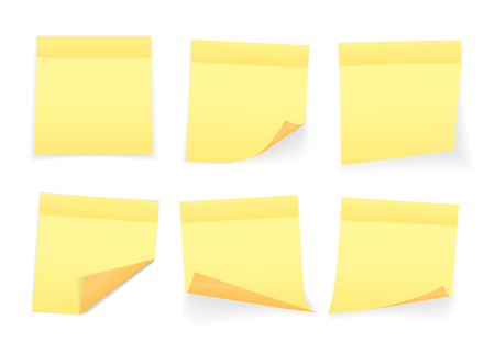 Collection of yellow colored sheets of note papers with curled corner and shadow, ready for your message. Realistic. Isolated on white background. Set. Vector illustration.のイラスト素材