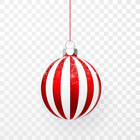 Red Christmas ball with snow effect. Xmas glass ball on transparent background. Holiday decoration template. Vector illustration.のイラスト素材