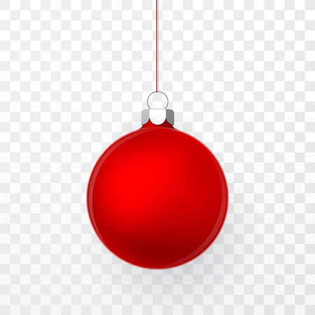 Red Christmas ball. Xmas glass ball on transparent background. Holiday decoration template. Vector illustration.のイラスト素材