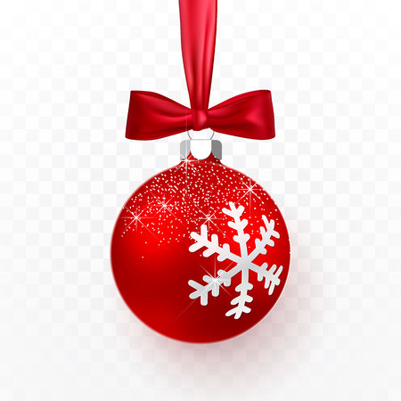 Red Christmas ball with red bow. Xmas glass ball on transparent background. Holiday decoration template. Vector illustration.のイラスト素材