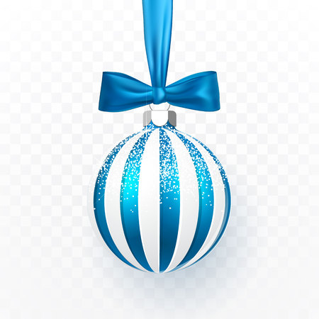 Blue Christmas ball with blue bow. Xmas glass ball on transparent background. Holiday decoration template. Vector illustration.のイラスト素材