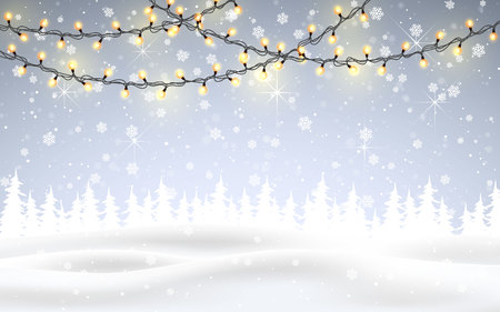 Winter is coming. Christmas, snowy night woodland landscape with falling snow, firs, light garland, snowflakes for winter and new year holidays. Xmas winter background.のイラスト素材