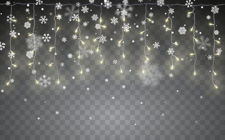 Christmas snow. Falling white snowflakes on dark background. Xmas Color garland, festive decorations. Glowing christmas lights. Vector snowfall, snowflakes flying in winter air.のイラスト素材