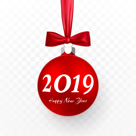 2019 Christmas and New Year background with red christmas ball and bow for xmas design. Vector illustration.のイラスト素材