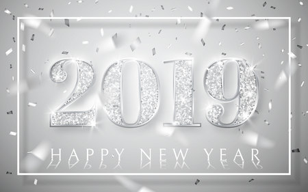 Happy New Year 2019, silver numbers design of greeting card,  falling shiny confetti, Vector illustration.のイラスト素材