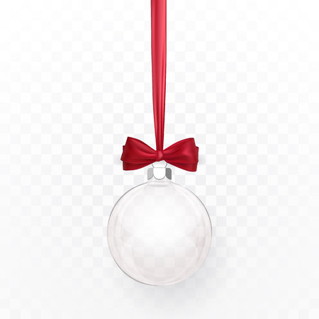 Glass transparent Christmas ball with red bow. Xmas glass ball on white background. Holiday decoration template. Vector illustration.のイラスト素材
