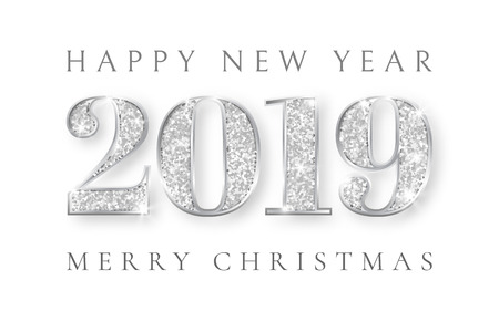 Happy New Year and Marry Christmas 2019, silver numbers design of greeting card, Xmas , Vector illustration.のイラスト素材