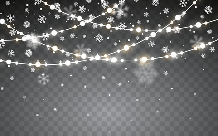 Christmas snow. Falling white snowflakes on dark background. Xmas Color garland, festive decorations. Glowing christmas lights. Vector snowfall, snowflakes flying in winter air.のイラスト素材