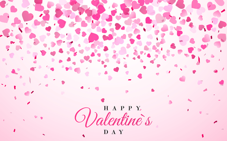 Pink pattern of random falling hearts confetti. Border design element for festive banner, greeting card, postcard, wedding invitation, Valentines day and save the date card. Vector illustration.のイラスト素材