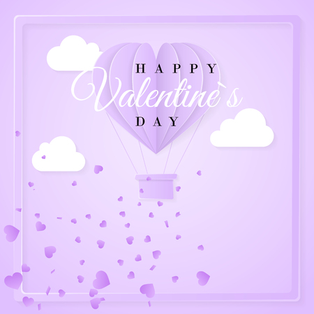 Happy valentines day retro invitation card template with origami paper hot air balloon in heart shape. Purple background. Vector illustration.のイラスト素材