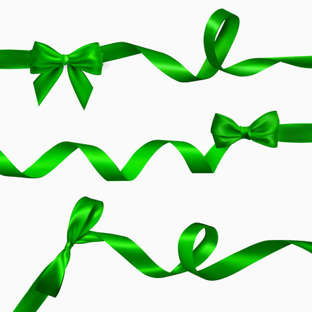 Set of Realistic green bow with long curled green ribbon. Element for decoration gifts, greetings, holidays, Valentines Day design. Vector illustration.のイラスト素材